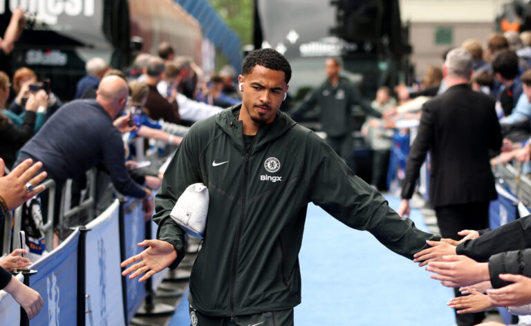 Chelsea player Levi Colwill greets fans as he arrives at the stadium prior to the Premier League match between Chelsea and Nottingham Forest at Stamford Bridge on May 04, 2026 in London, England.