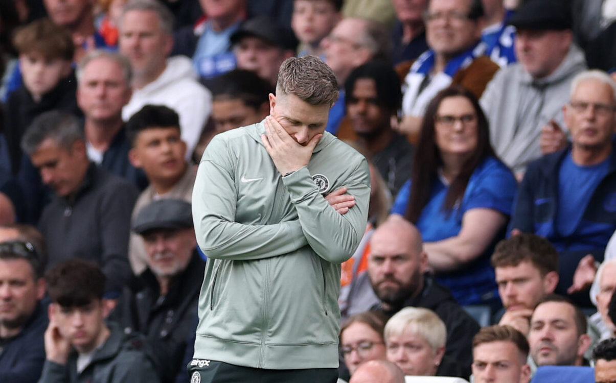 Chelsea interim manager Calum McFarlane is dejected during the Premier League match between Chelsea and Nottingham Forest at Stamford Bridge on May 04, 2026 in London, England.