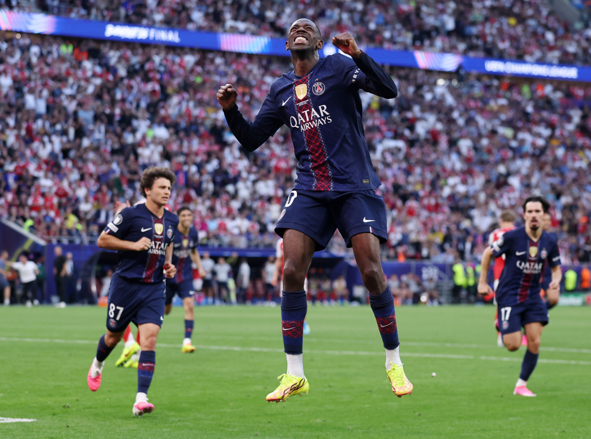 PSG player Ousmane Dembele celebrates scoring his team's first goal from a penalty kick during the UEFA Champions League Final 2026 match between Paris Saint-Germain and Arsenal FC at Puskas Arena on May 30, 2026 in Budapest, Hungary.