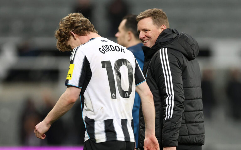 Eddie Howe, Manager of Newcastle United, celebrates victory with Anthony Gordon following the Premier League match between Newcastle United and Manchester United at St James' Park on March 04, 2026 in Newcastle upon Tyne, England.