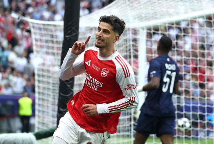 Kai Havertz of Arsenal celebrates scoring his team's first goal during the UEFA Champions League Final 2026 match between Paris Saint-Germain and Arsenal FC at Puskas Arena on May 30, 2026 in Budapest, Hungary.