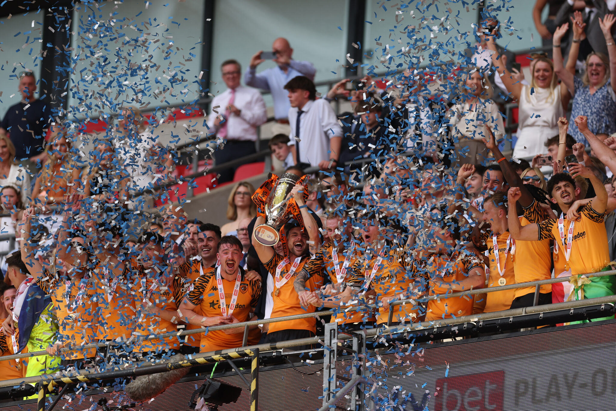 Hull City captain Lewie Coyle lifts the Sky Bet Championship Play-Off Final trophy after his team’s victory in the Sky Bet Championship Final match between Hull City and Middlesbrough at Wembley Stadium on May 23, 2026 in London, England.