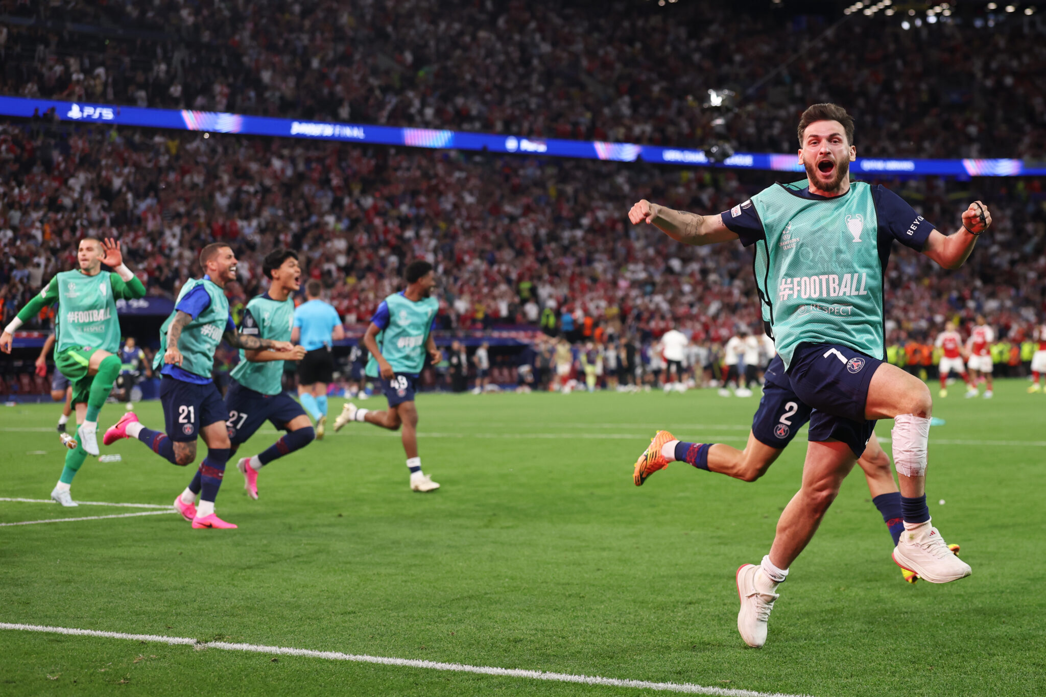 PSG player Khvicha Kvaratskhelia celebrates after Gabriel of Arsenal (not pictured) misses the team's fifth penalty in the penalty shoot out to confirm victory for Paris Saint-Germain during the UEFA Champions League Final 2026 match between Paris Saint-Germain and Arsenal FC at Puskas Arena on May 30, 2026 in Budapest, Hungary.
