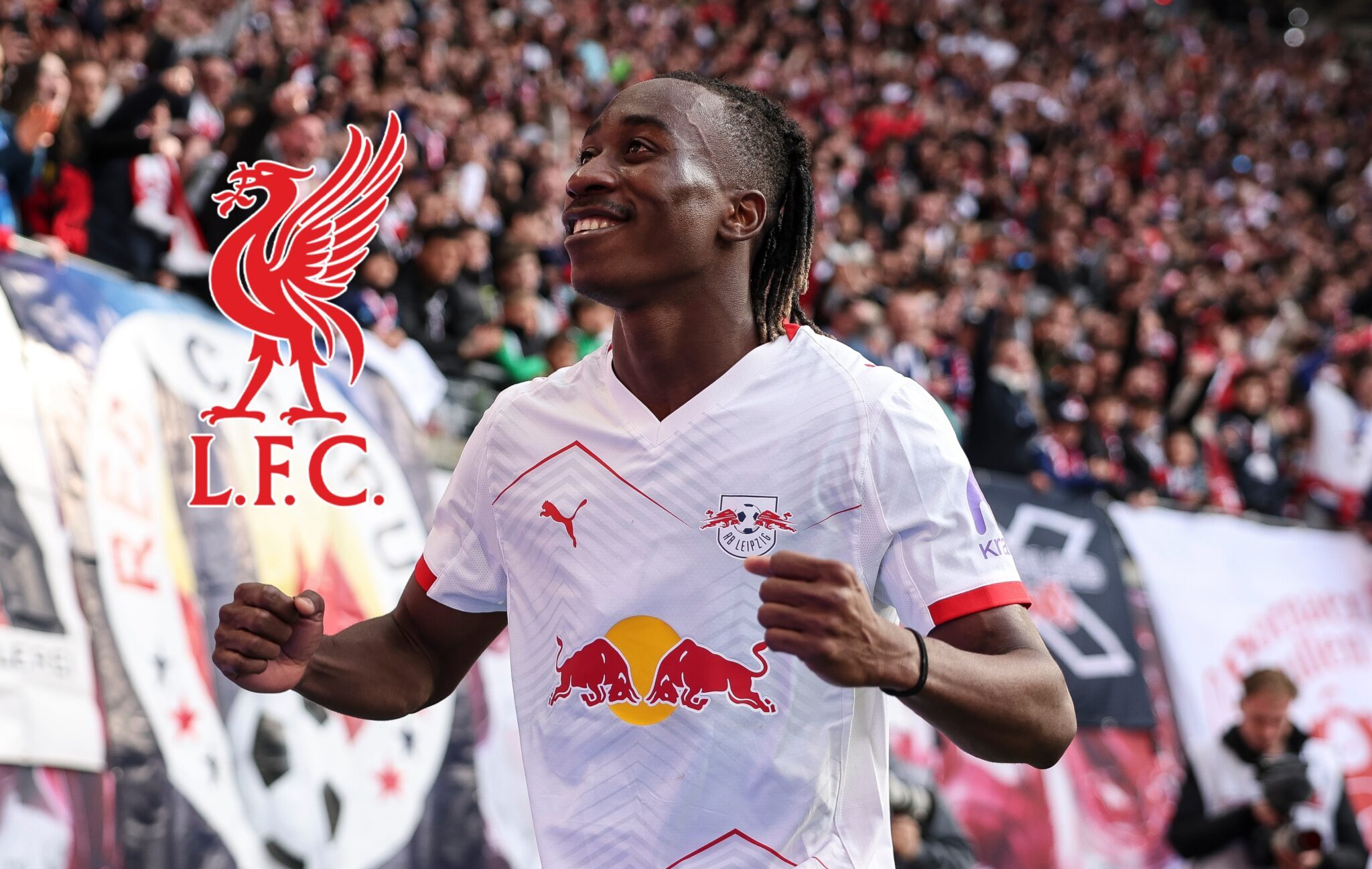 Liverpool transfer target Yan Diomande of RB Leipzig celebrates after scoring the team's first goal with David Raum and Brajan Gruda during the Bundesliga match between RB Leipzig and Borussia Mönchengladbach at Red Bull Arena on April 11, 2026 in Leipzig, Germany.