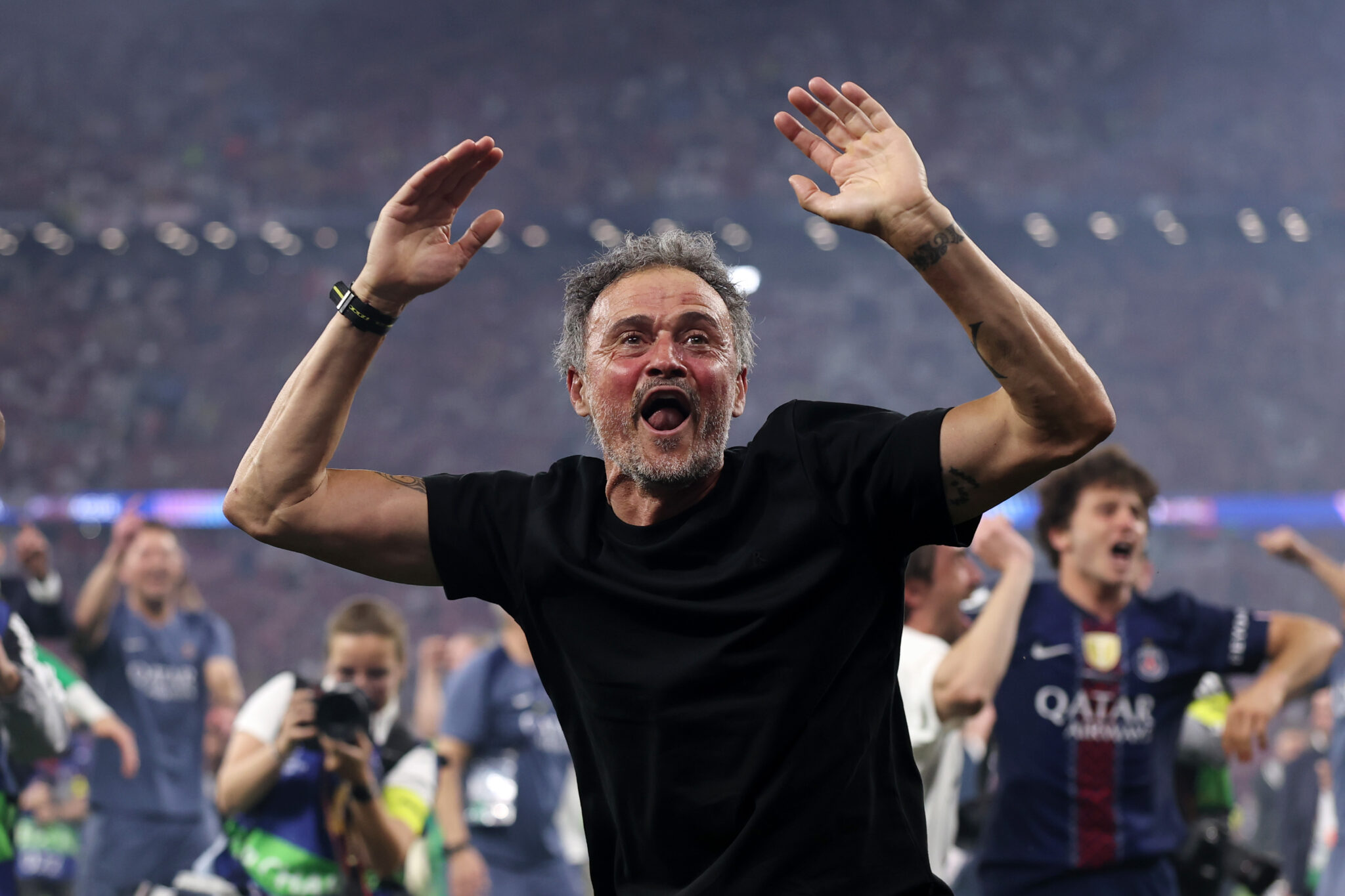 PSG manager Luis Enrique celebrates victory after defeating Arsenal in the penalty shootout during the UEFA Champions League Final 2026 match between Paris Saint-Germain and Arsenal FC at Puskas Arena on May 30, 2026 in Budapest, Hungary.