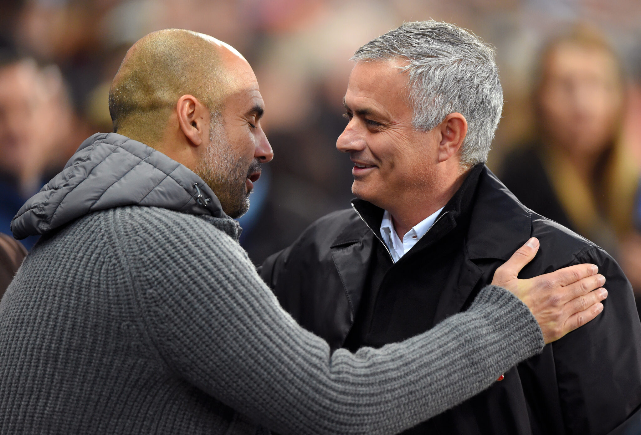 The managers who have won the most Premier League titles - Pep Guardiola and Jose Mourinho greet each other.
