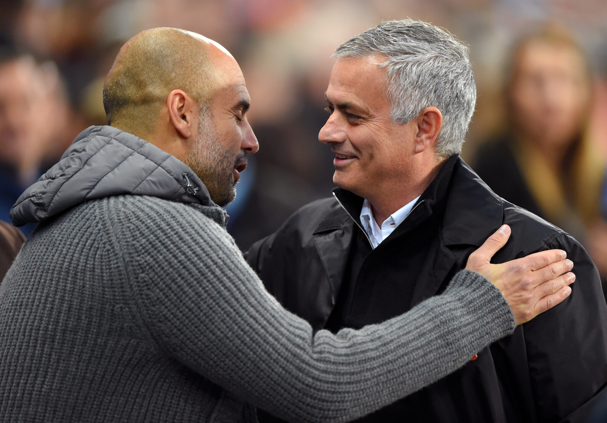 The managers who have won the most Premier League titles - Pep Guardiola and Jose Mourinho greet each other.