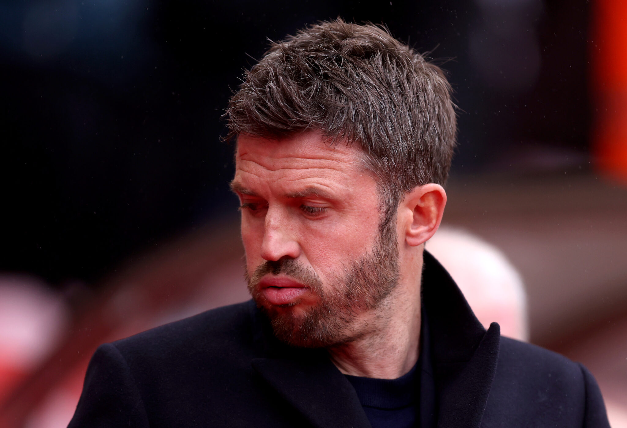 Michael Carrick, Manager of Manchester United, looks on prior to the Premier League match between Sunderland and Manchester United at Stadium of Light on May 09, 2026 in Sunderland, England.