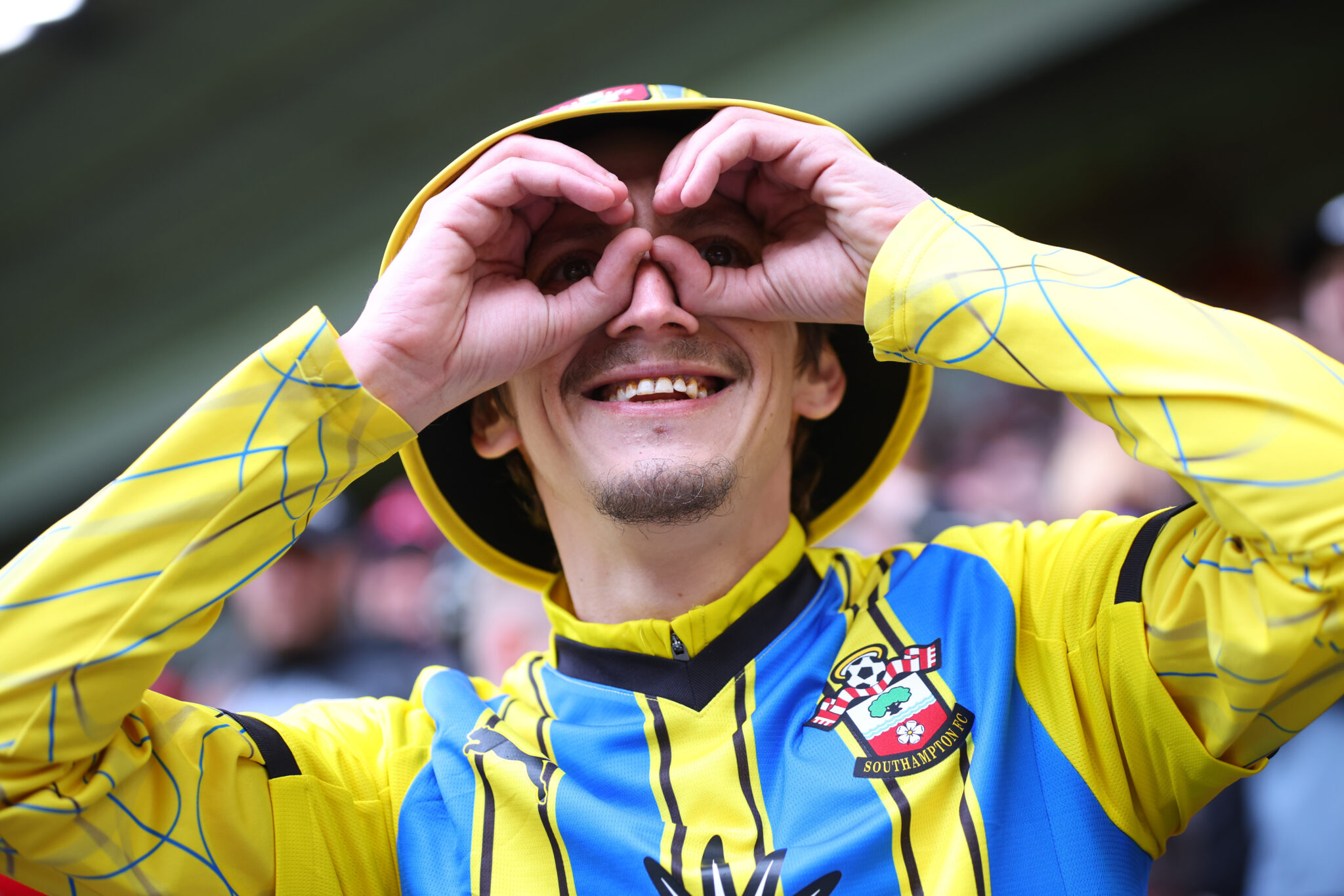 A Southampton fan gestures prior to the Sky Bet Championship Play Off Semi Final Second Leg match between Middlesbrough and Southampton at Riverside Stadium on May 09, 2026 in Middlesbrough, England.