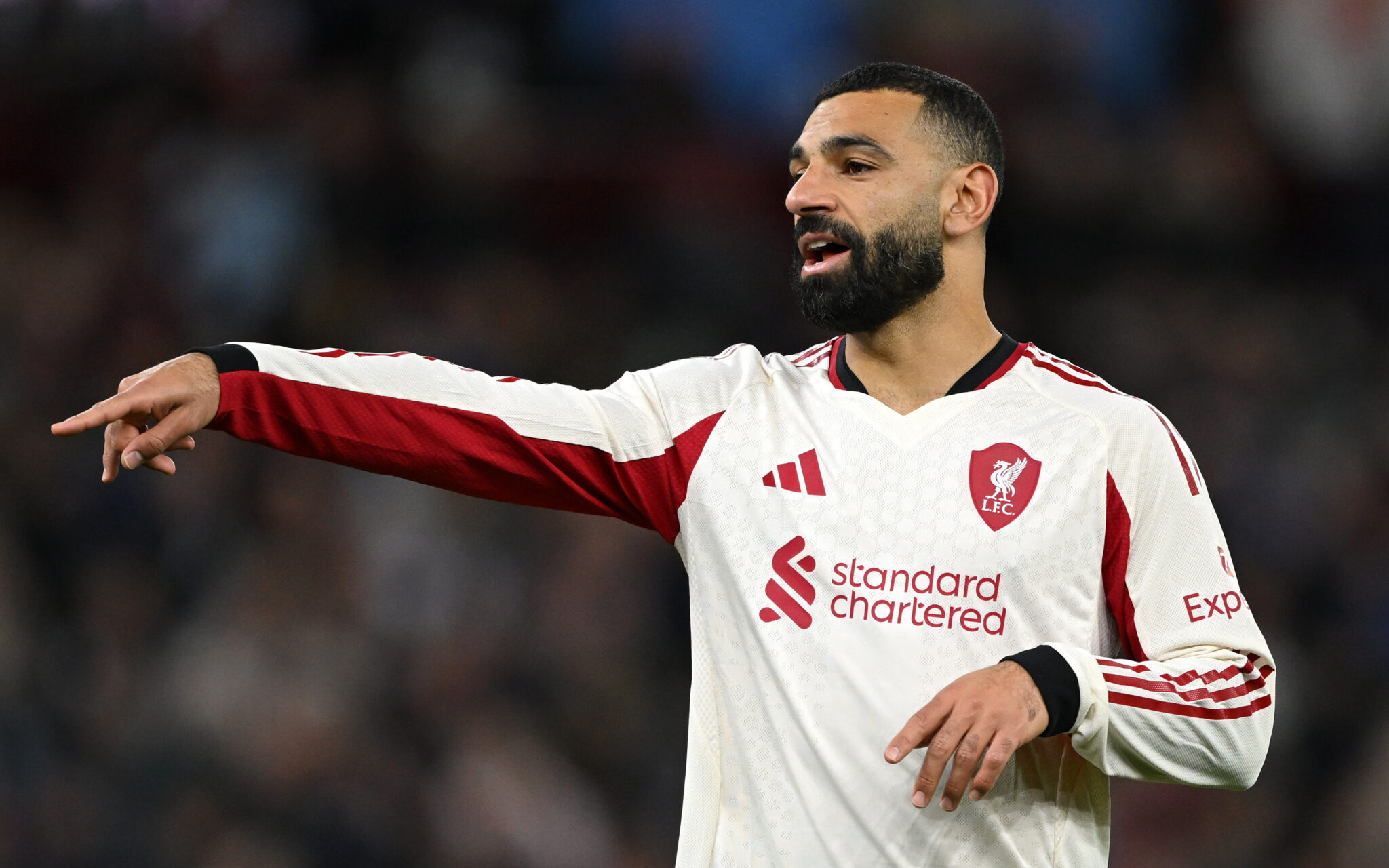 Mo Salah of Liverpool reacts during the Premier League match between Aston Villa and Liverpool at Villa Park on May 15, 2026 in Birmingham, England.