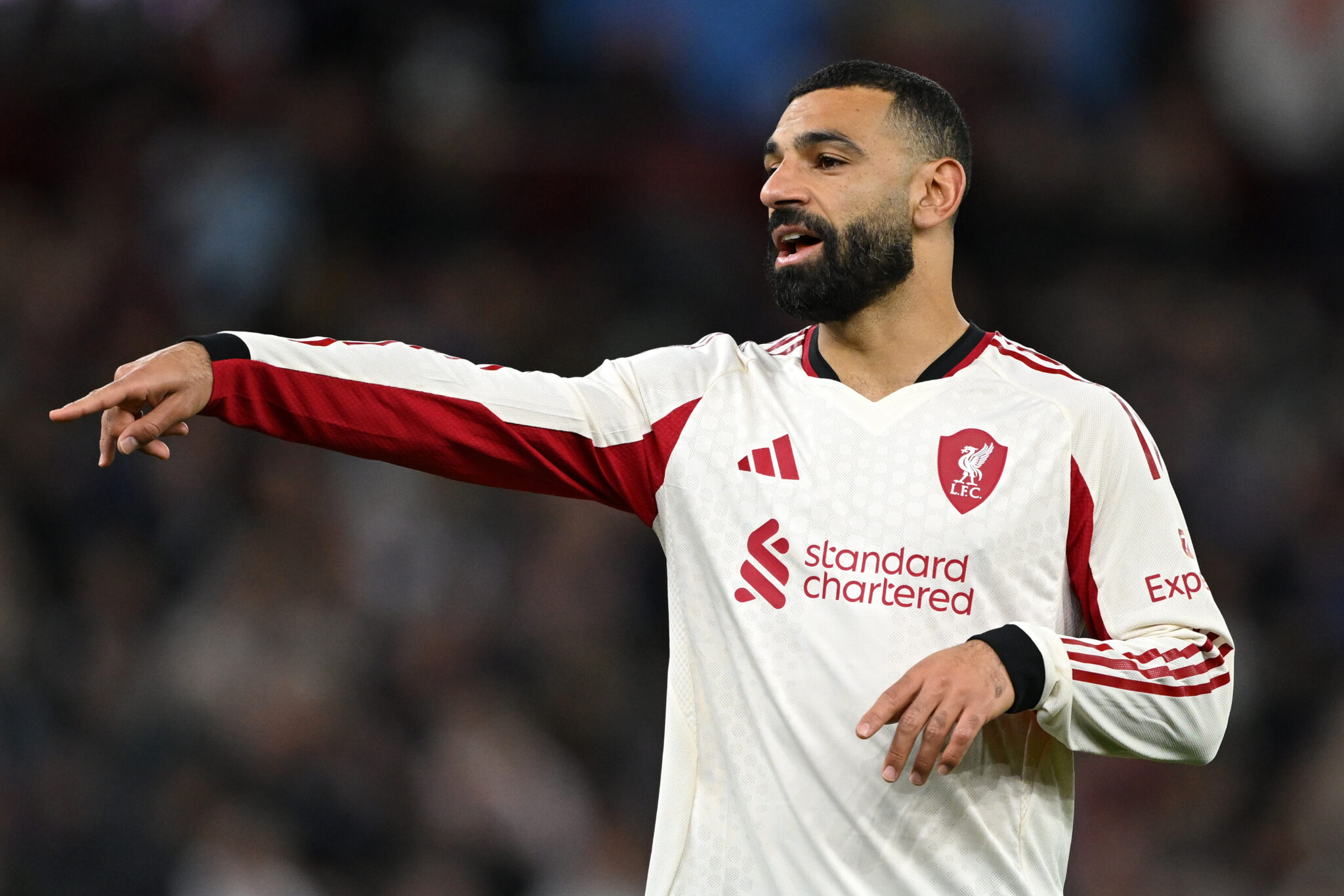 Mo Salah of Liverpool reacts during the Premier League match between Aston Villa and Liverpool at Villa Park on May 15, 2026 in Birmingham, England.