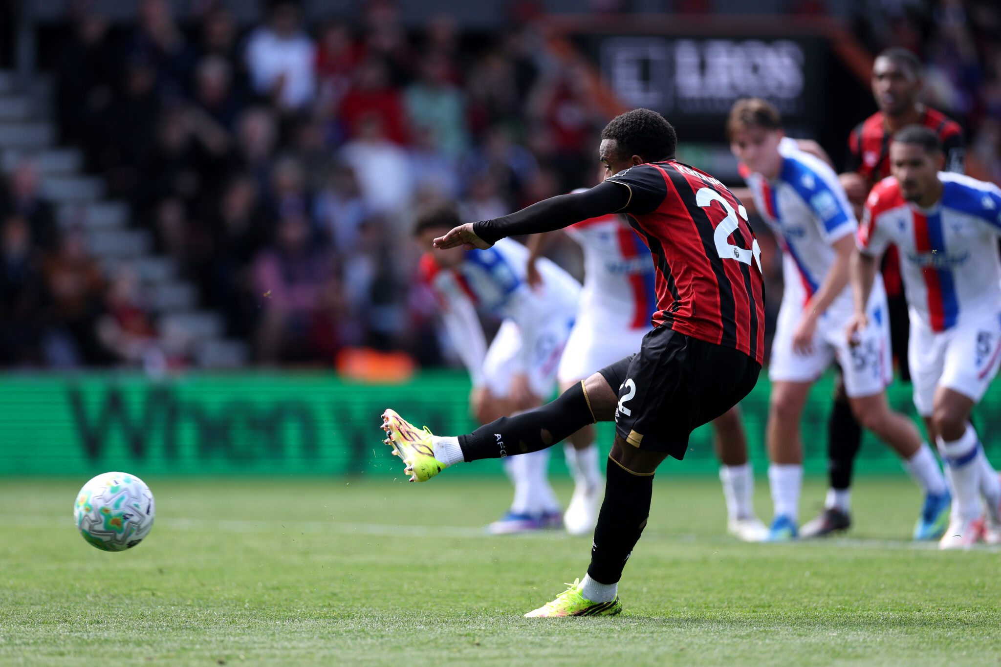 Eli Junior Kroupi of AFC Bournemouth scores his team's second goal from the penalty spot during the Premier League match between Bournemouth and Crystal Palace at Vitality Stadium on May 03, 2026 in Bournemouth, England.