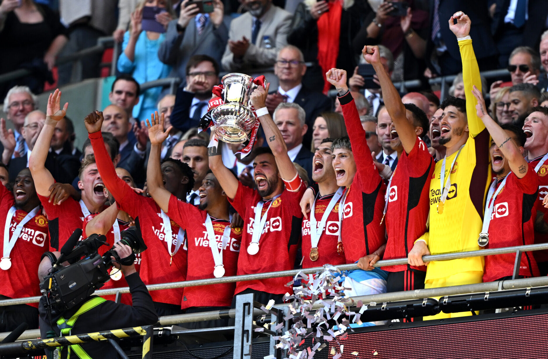 The Premier League clubs with the most FA Cup finals - Bruno Fernandes of Man Utd lifts the Emirates FA Cup Trophy after his team's victory in the Emirates FA Cup Final match between Manchester City and Manchester United at Wembley Stadium on May 25, 2024 in London, England.