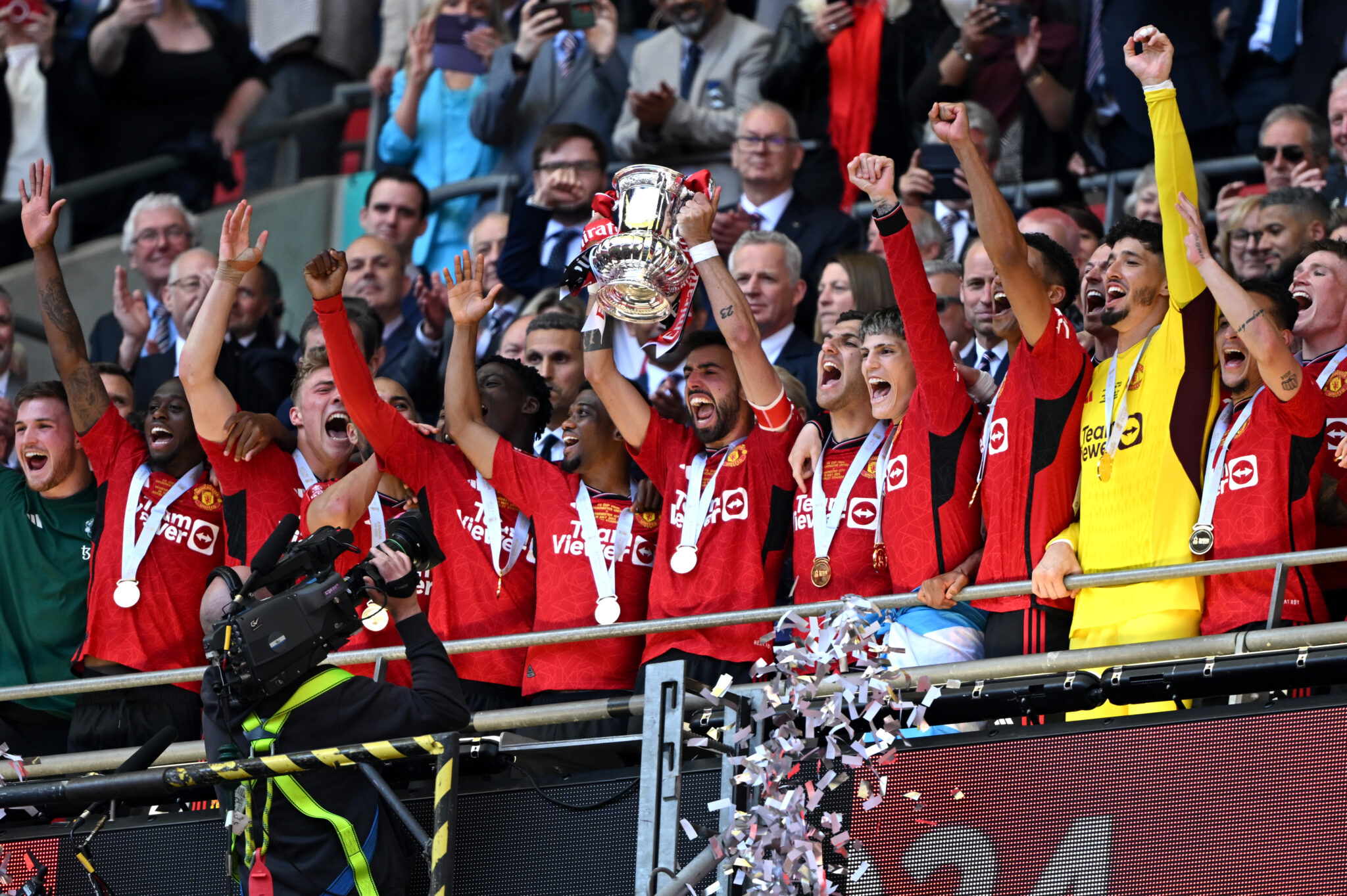 The Premier League clubs with the most FA Cup finals - Bruno Fernandes of Man Utd lifts the Emirates FA Cup Trophy after his team's victory in the Emirates FA Cup Final match between Manchester City and Manchester United at Wembley Stadium on May 25, 2024 in London, England.