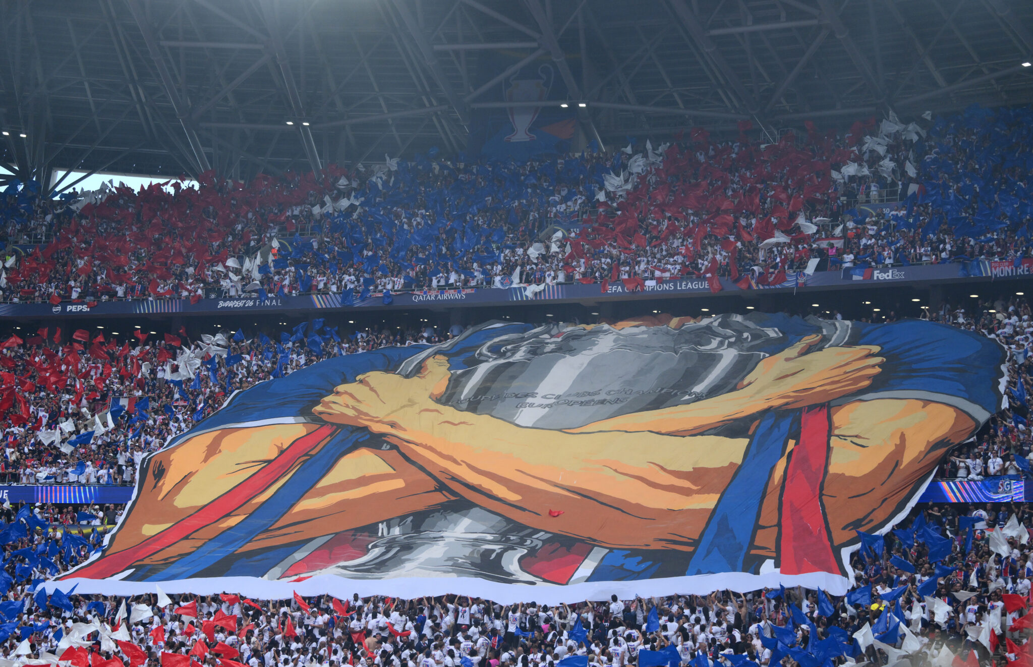 PSG fans form a TIFO prior to the UEFA Champions League Final 2026 match between Paris Saint-Germain and Arsenal FC at Puskas Arena on May 30, 2026 in Budapest, Hungary.