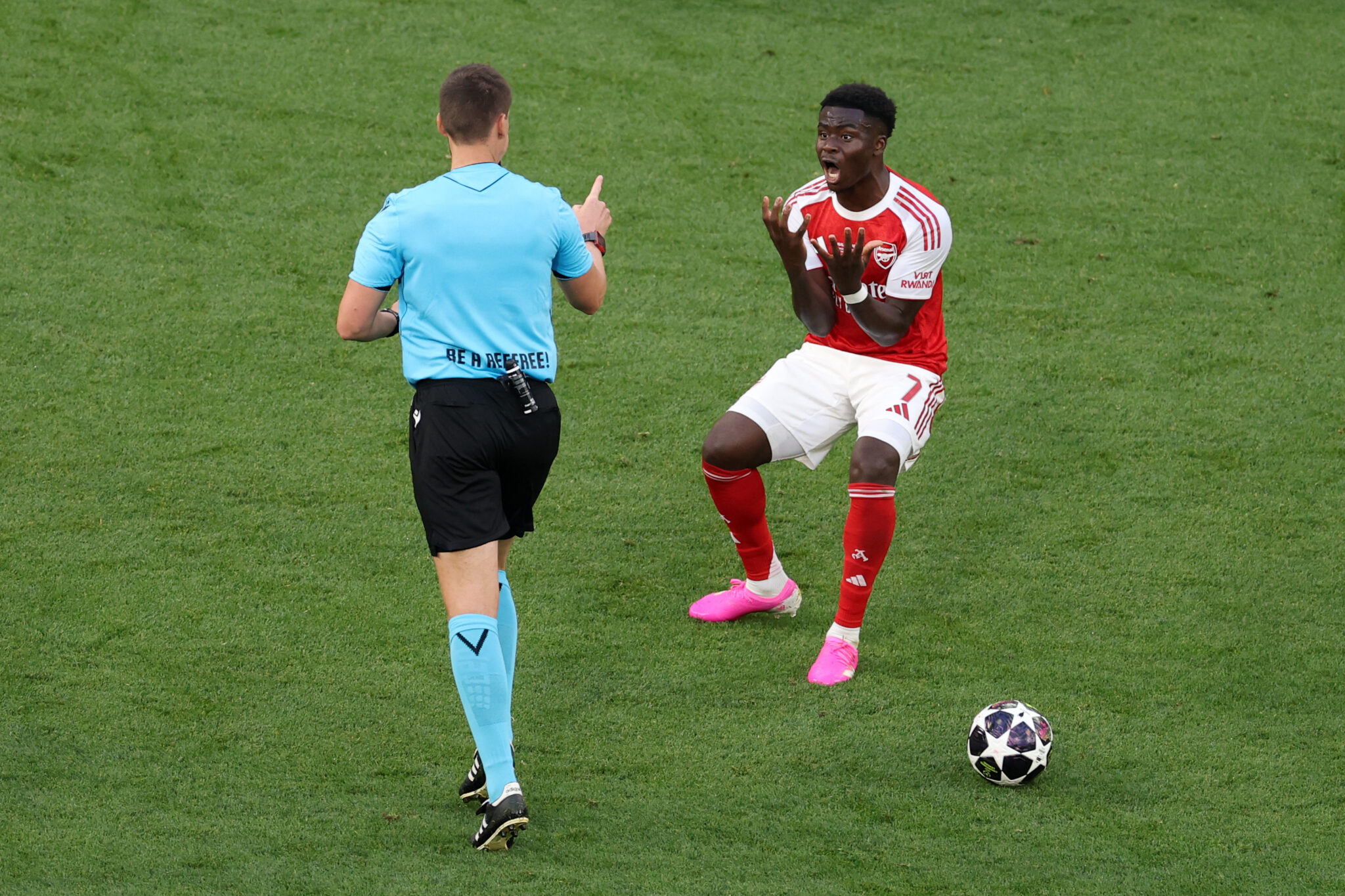 Bukayo Saka of Arsenal reacts towards Referee Daniel Siebert during the UEFA Champions League Final 2026 match between PSG and Arsenal FC at Puskas Arena on May 30, 2026 in Budapest, Hungary
