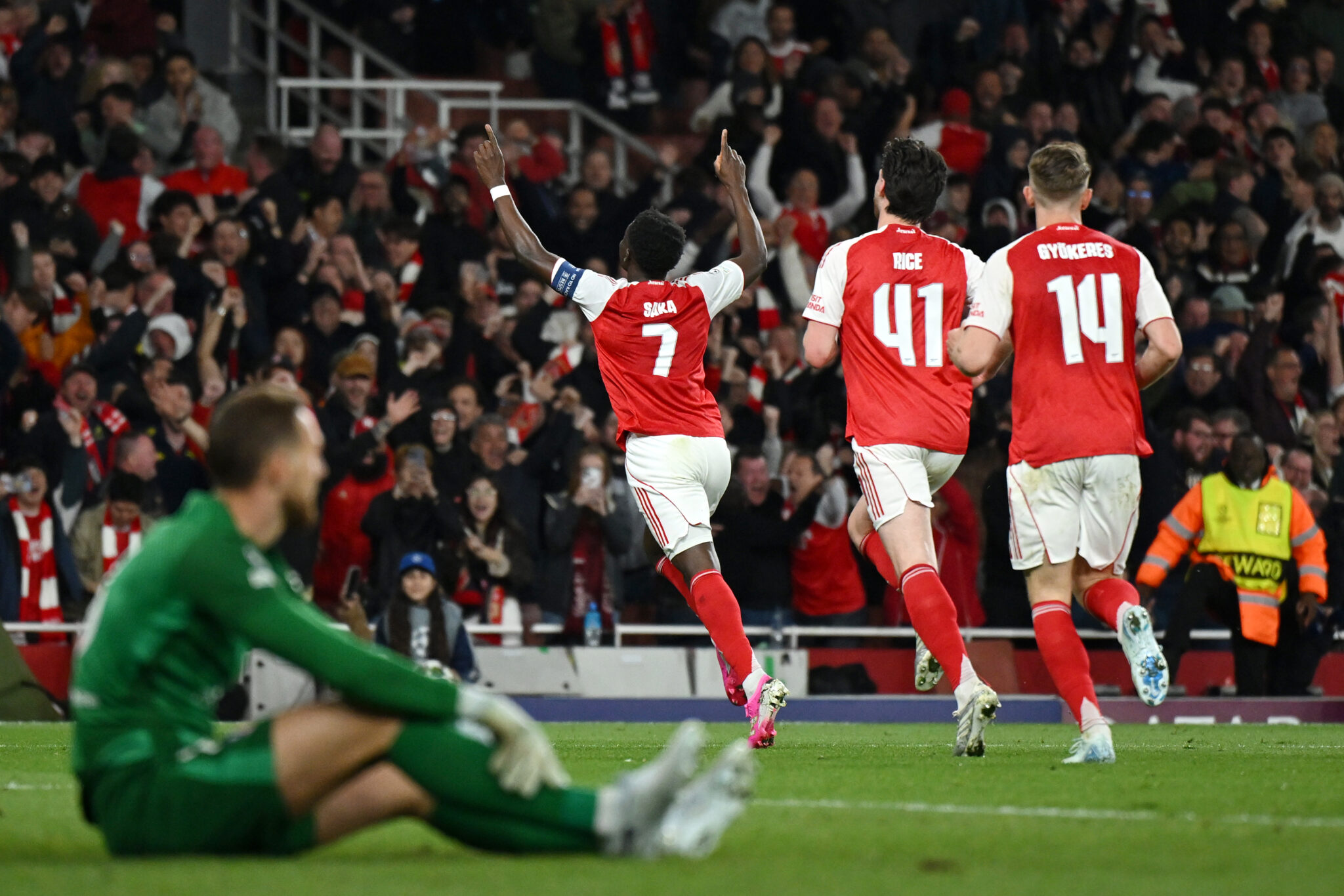 Bukayo Saka of Arsenal celebrates scoring his team's first goal during the UEFA Champions League 2025/26 Semi Final Second Leg match between Arsenal FC and Atletico de Madrid at Arsenal Stadium on May 05, 2026 in London, England.