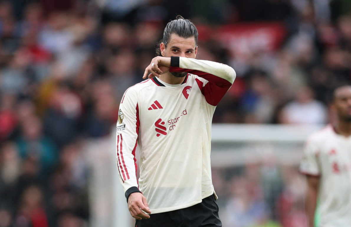 Dominik Szoboszlai of Liverpool looks dejected following the Premier League match between Manchester United and Liverpool at Old Trafford on May 03, 2026 in Manchester, England.