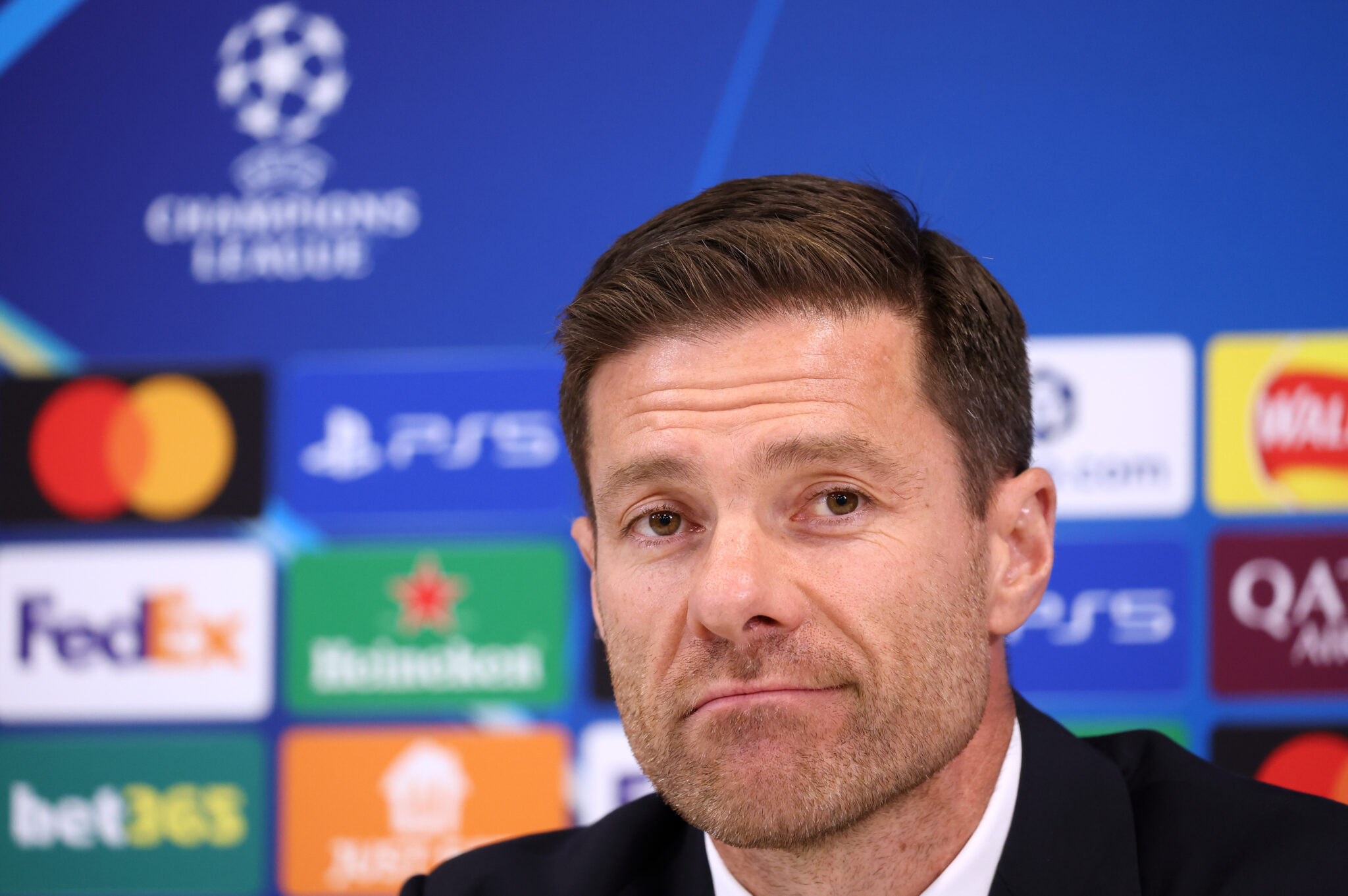 Xabi Alonso, former Head Coach of Real Madrid, looks on during a press conference at Anfield on November 03, 2025 in Liverpool, England.