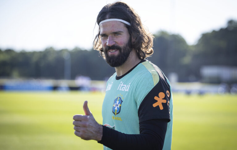 Alisson Becker #1 of Brazil and Liverpool gives a thumbs up after the training at Columbia Park Training Facility on June 3, 2026 in Morristown, New Jersey.