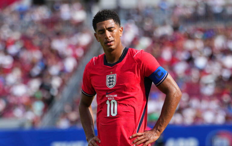 Jude Bellingham #10 of England reacts during the international friendly match between England and New Zealand at Raymond James Stadium on June 06, 2026 in Tampa, Florida.