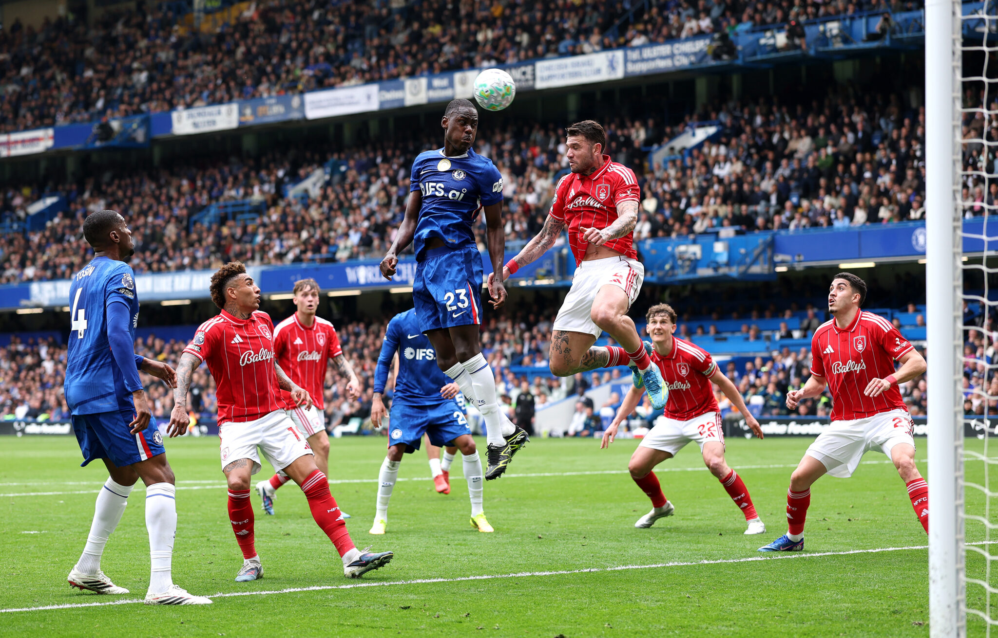 Chelsea player Trevoh Chalobah heads the ball in the box during the Premier League match between Chelsea and Nottingham Forest at Stamford Bridge on May 04, 2026 in London, England.
