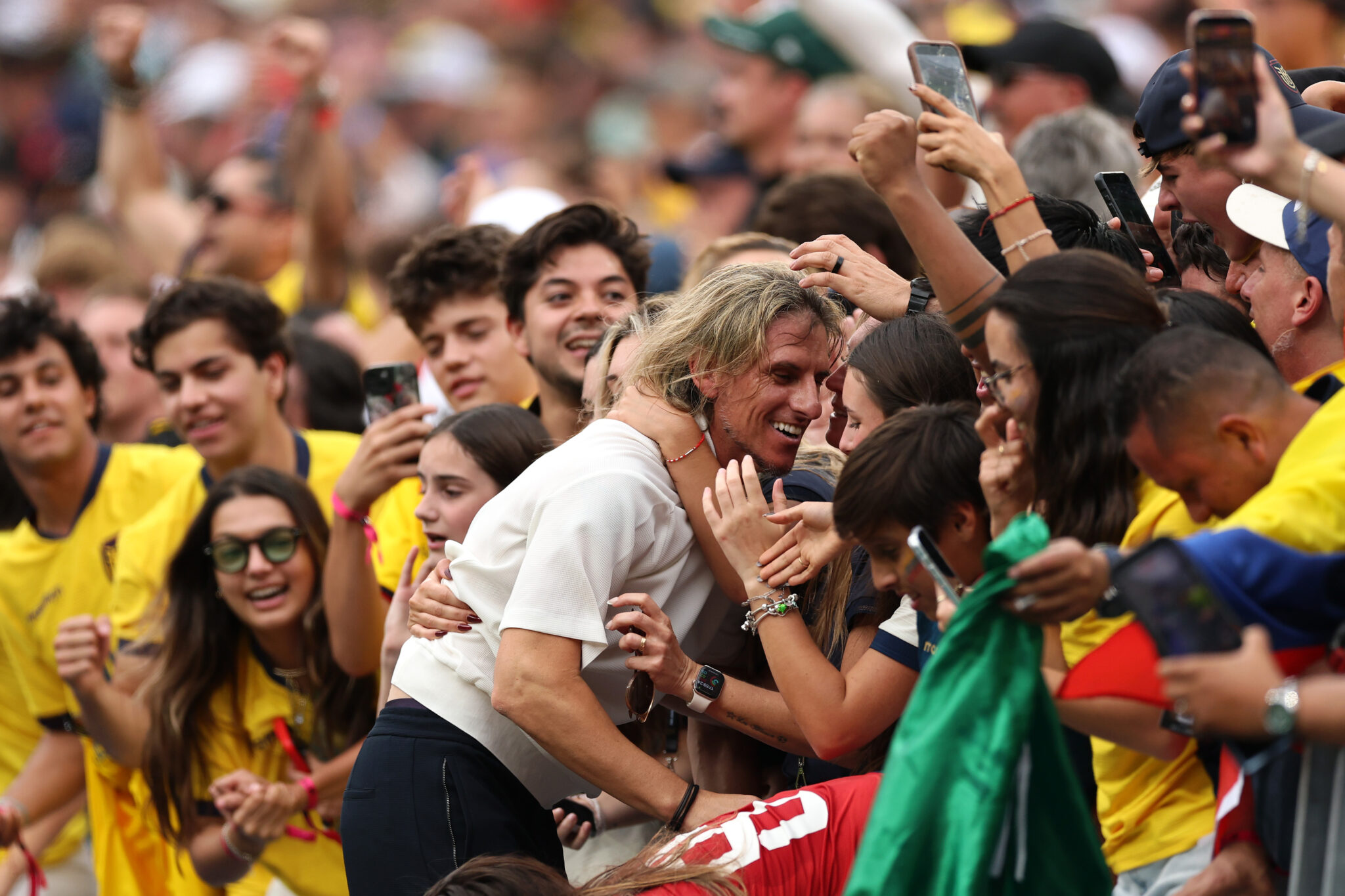 Ecuador head coach Sebastian Beccacece celebrates with fans and family members after the 2-1 win during the FIFA World Cup 2026 Group E match between Ecuador and Germany at New York New Jersey Stadium on June 25, 2026 in East Rutherford, New Jersey.