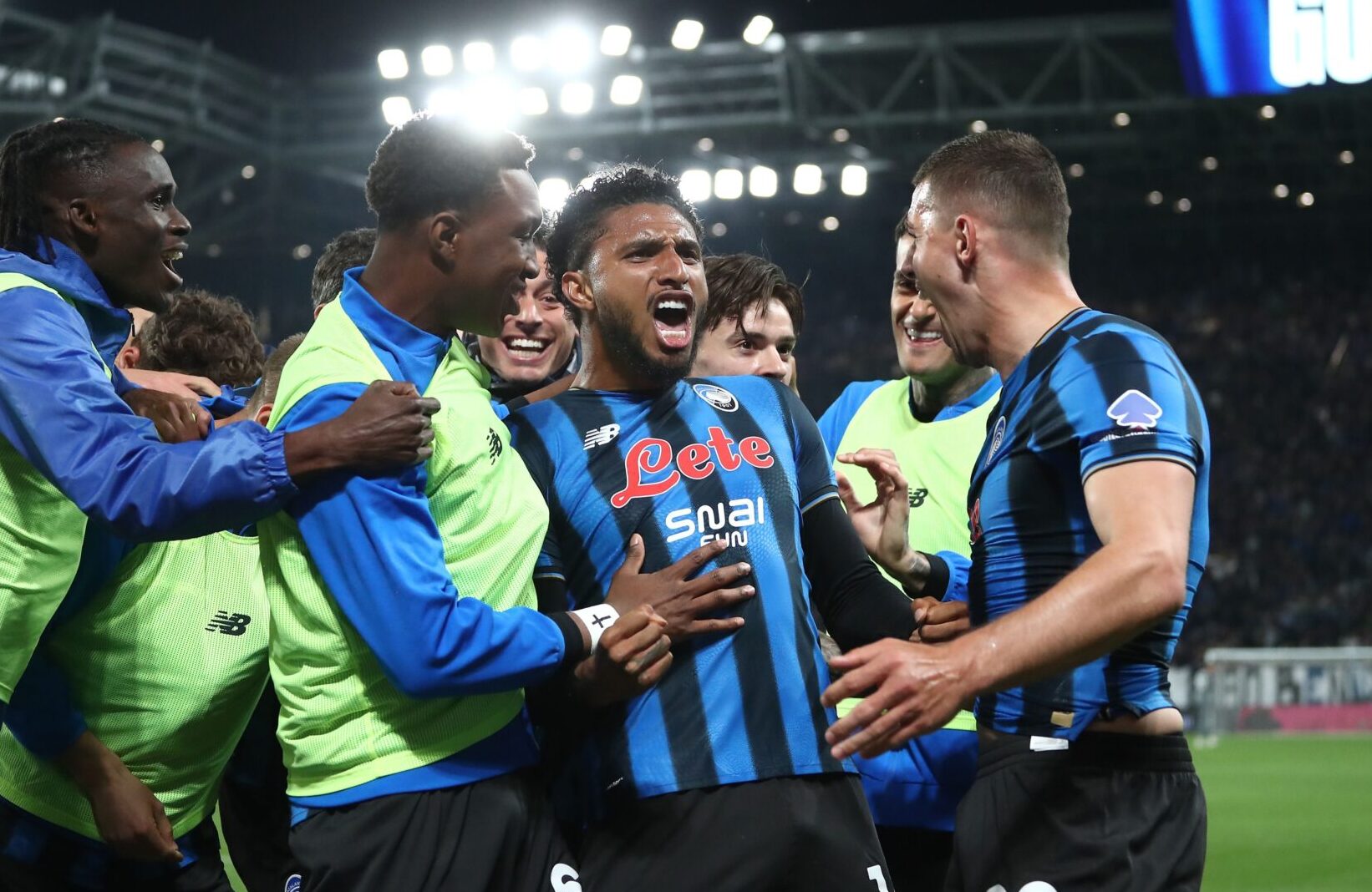 Ederson of Atalanta BC celebrates with his team-mates his goal that was later disallowed by VAR during the Coppa Italia match between Atalanta BC and SS Lazio at New Balance Arena on April 22, 2026 in Bergamo, Italy.