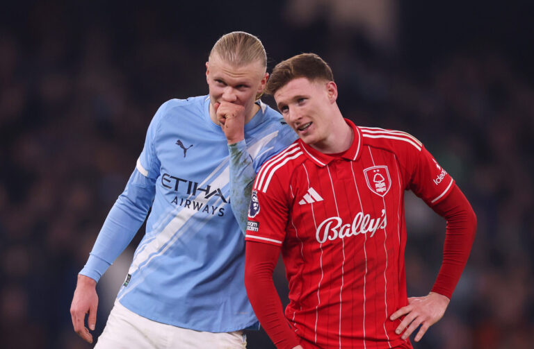 Elliot Anderson of Nottingham Forest interacts with Erling Haaland of Manchester City during the Premier League match between Manchester City and Nottingham Forest at Etihad Stadium on March 04, 2026 in Manchester, England.