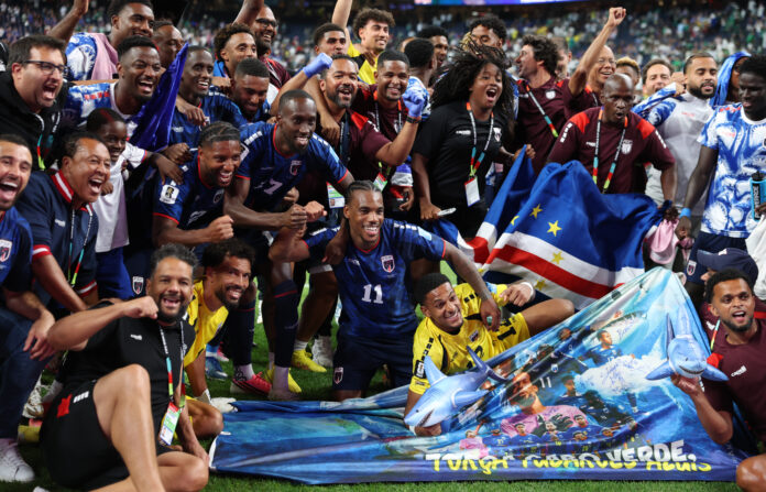Cape Verde players celebrate after the 0-0 draw during the FIFA World Cup 2026 Group H match between Cabo Verde and Saudi Arabia at Houston Stadium on June 26, 2026 in Houston, Texas.