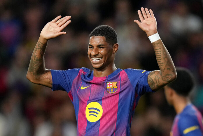 Man Utd player Marcus Rashford celebrates scoring his team's third goal during the LaLiga EA Sports match between FC Barcelona and Elche CF at Spotify Camp Nou on November 02, 2025 in Barcelona, Spain.