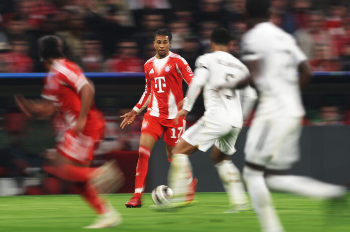 Michael Olise of Bayern Munich during the UEFA Champions League 2025/26 Quarter-Final Second Leg match between FC Bayern München and Real Madrid CF at Football Arena Munich on April 15, 2026 in Munich, Germany.