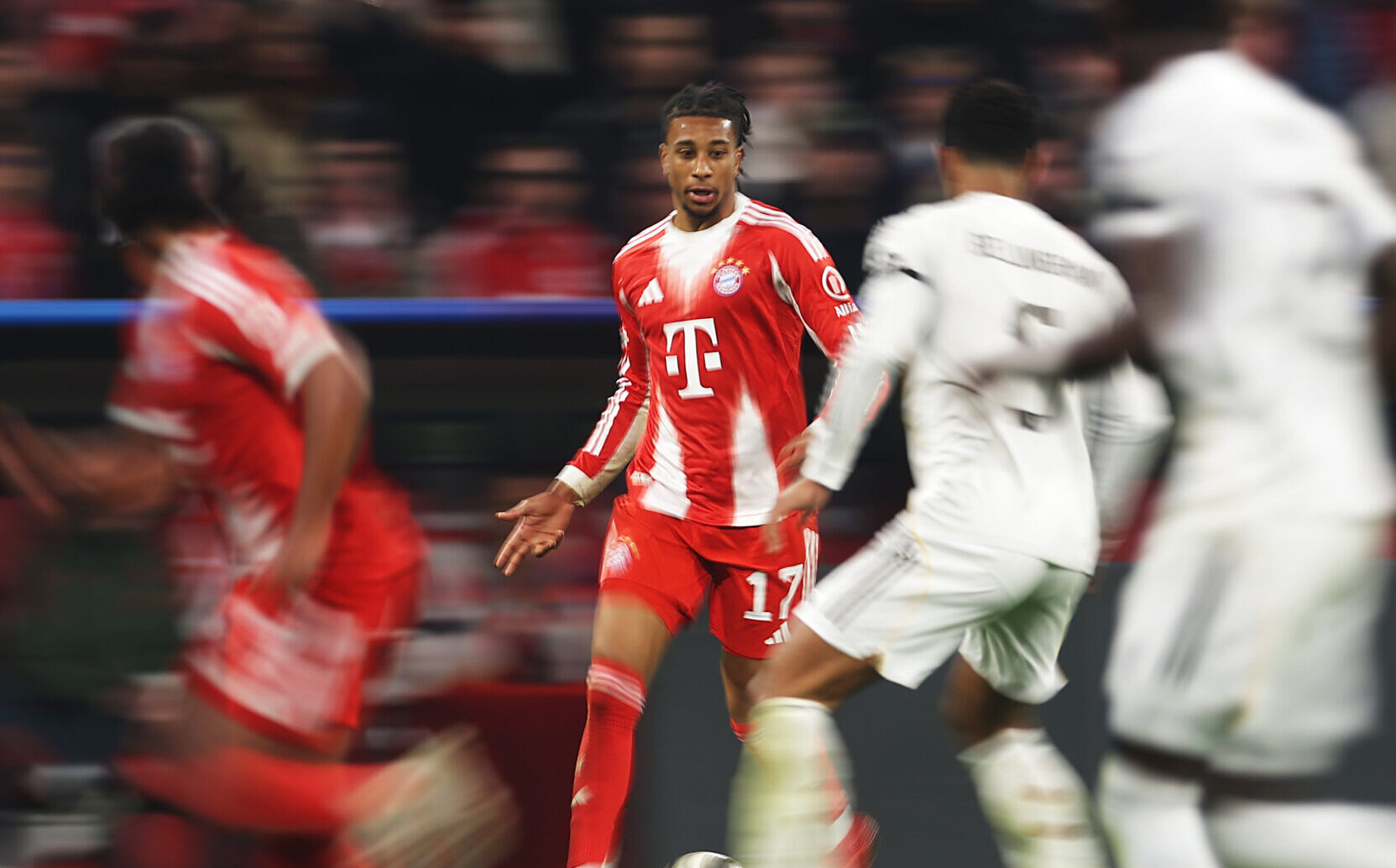Michael Olise of Bayern Munich during the UEFA Champions League 2025/26 Quarter-Final Second Leg match between FC Bayern München and Real Madrid CF at Football Arena Munich on April 15, 2026 in Munich, Germany.