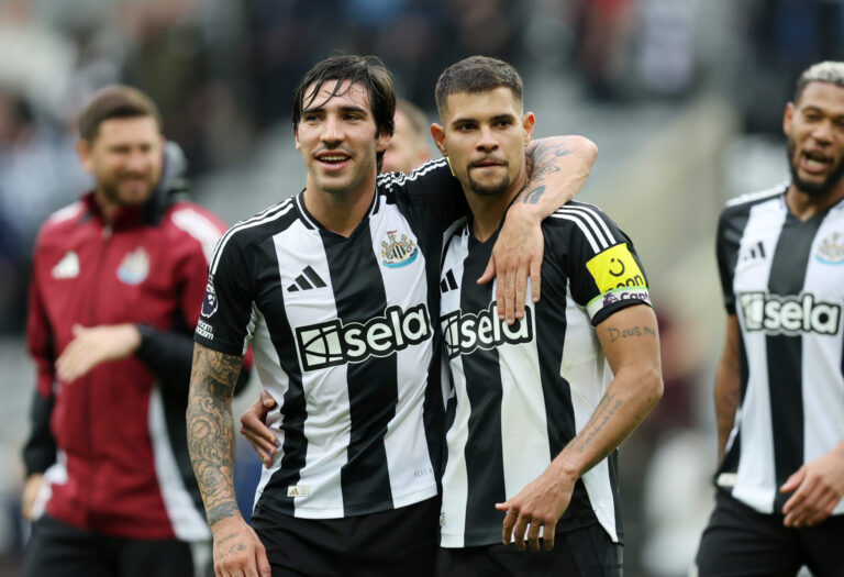 Sandro Tonali of Newcastle United celebrates victory with teammate Bruno Guimaraes after the Premier League match between Newcastle United FC and Spurs at St James' Park on September 01, 2024 in Newcastle upon Tyne, England.