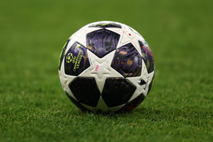 The UEFA Champions League match ball prior to the UEFA Champions League 2025/26 Round of 16 First Leg match between Newcastle United FC and FC Barcelona at St James' Park on March 10, 2026 in Newcastle upon Tyne, England.