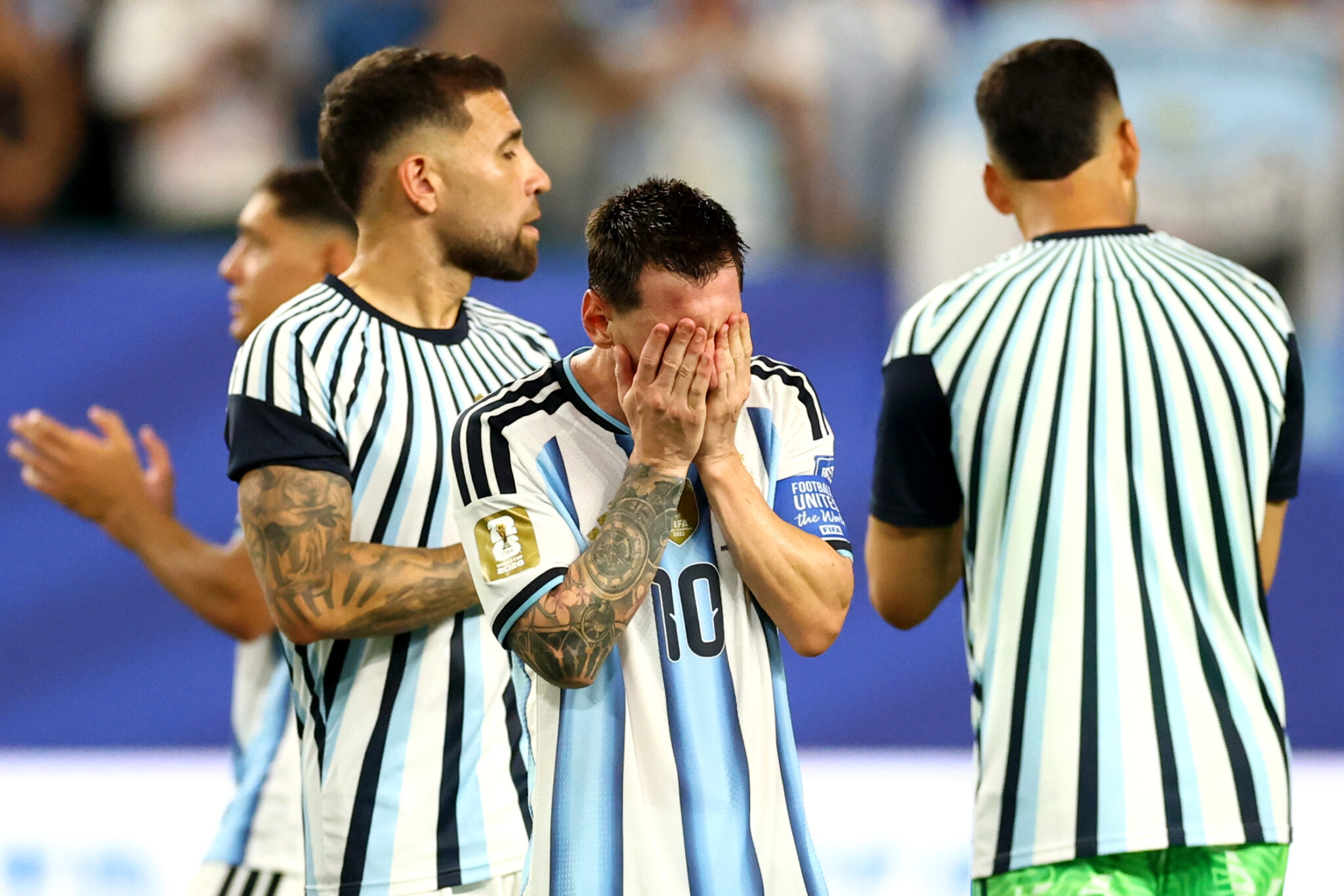 Lionel Messi #10 of Argentina reacts after the 3-2 win during the FIFA World Cup 2026 Round of 32 match between Argentina and Cabo Verde at Miami Stadium on July 03, 2026 in Miami Gardens, Florida.