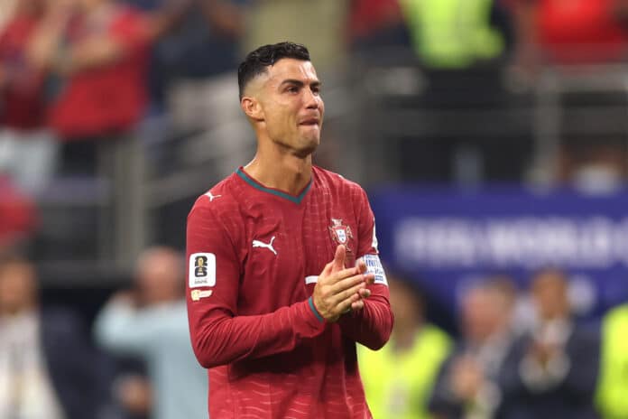 Cristiano Ronaldo #7 of Portugal shows dejection after the team's 0-1 defeat in the FIFA World Cup 2026 Round of 16 match between Portugal and Spain at Dallas Stadium on July 06, 2026 in Arlington, Texas.