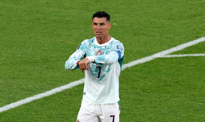 Cristiano Ronaldo #7 of Portugal reacts during the FIFA World Cup 2026 Round of 32 match between Portugal and Croatia at Toronto Stadium on July 02, 2026 in Toronto, Ontario.
