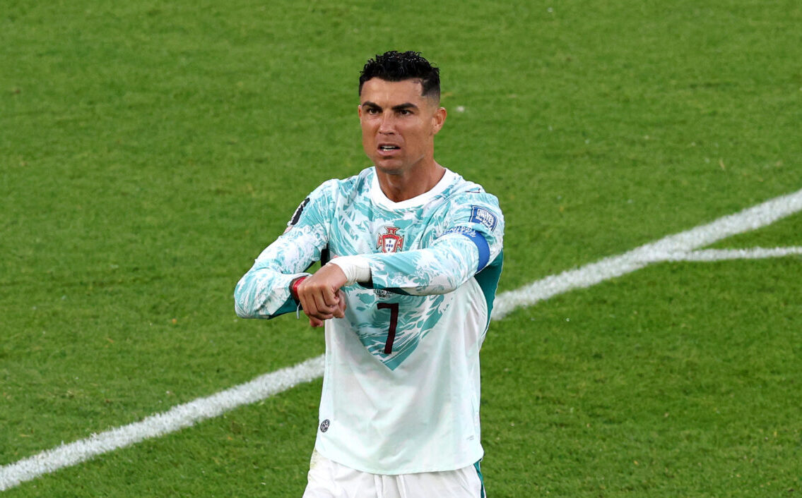 Cristiano Ronaldo #7 of Portugal reacts during the FIFA World Cup 2026 Round of 32 match between Portugal and Croatia at Toronto Stadium on July 02, 2026 in Toronto, Ontario.
