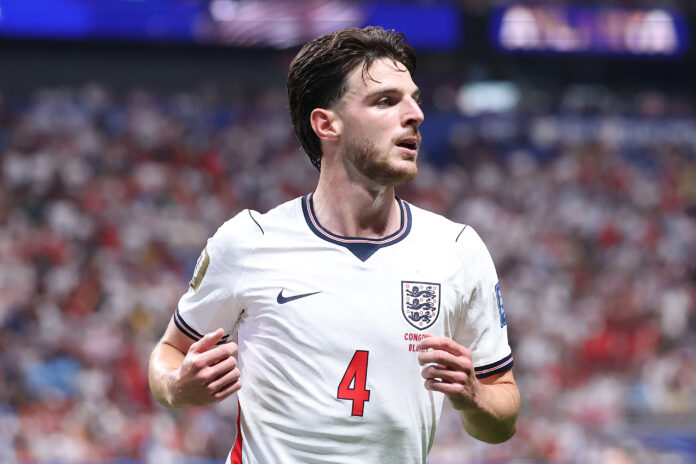 Declan Rice #4 of England is seen during the FIFA World Cup 2026 Round Of 32 match between England and Congo DR at Atlanta Stadium on July 01, 2026 in Atlanta, Georgia.