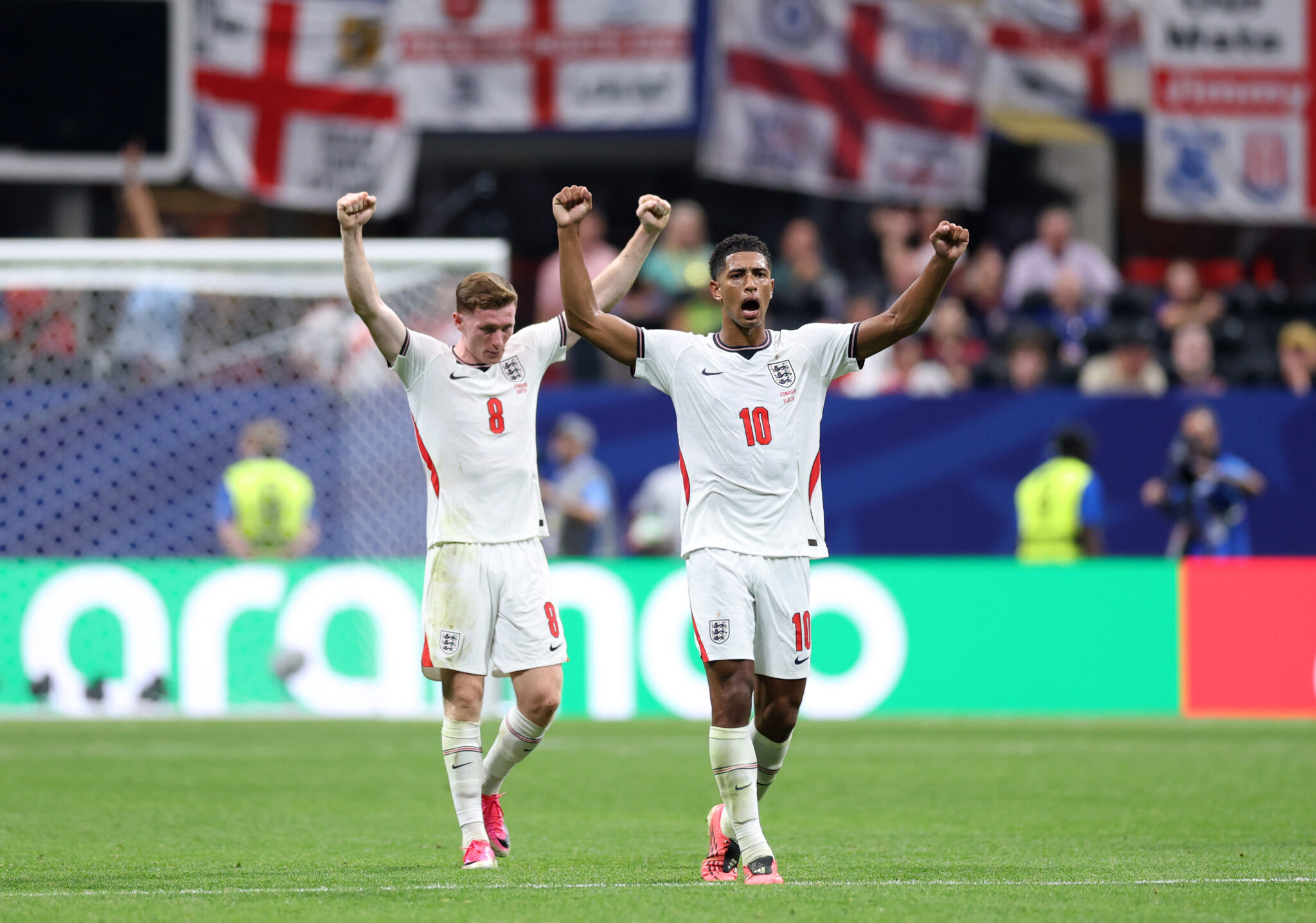 Elliot Anderson #8 and Jude Bellingham #10 of England celebrate the team's 2-1 victory in the FIFA World Cup 2026 Round Of 32 match between England and Congo DR at Atlanta Stadium on July 01, 2026 in Atlanta, Georgia.