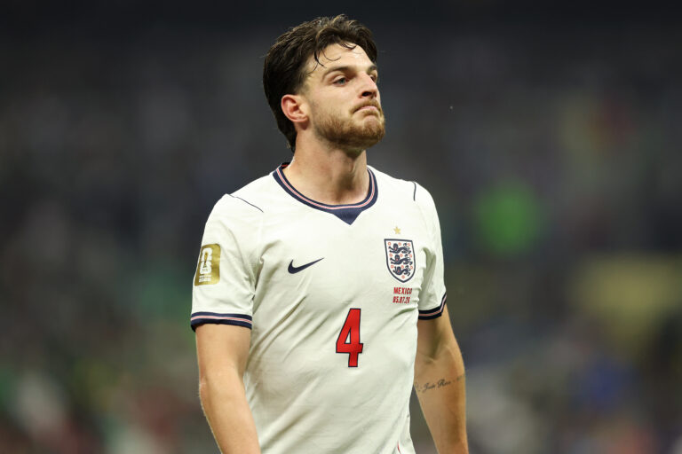 England player Declan Rice #4 during the FIFA World Cup 2026 Round Of 16 match between Mexico and England at Mexico City Stadium on July 05, 2026 in Mexico City, Mexico.