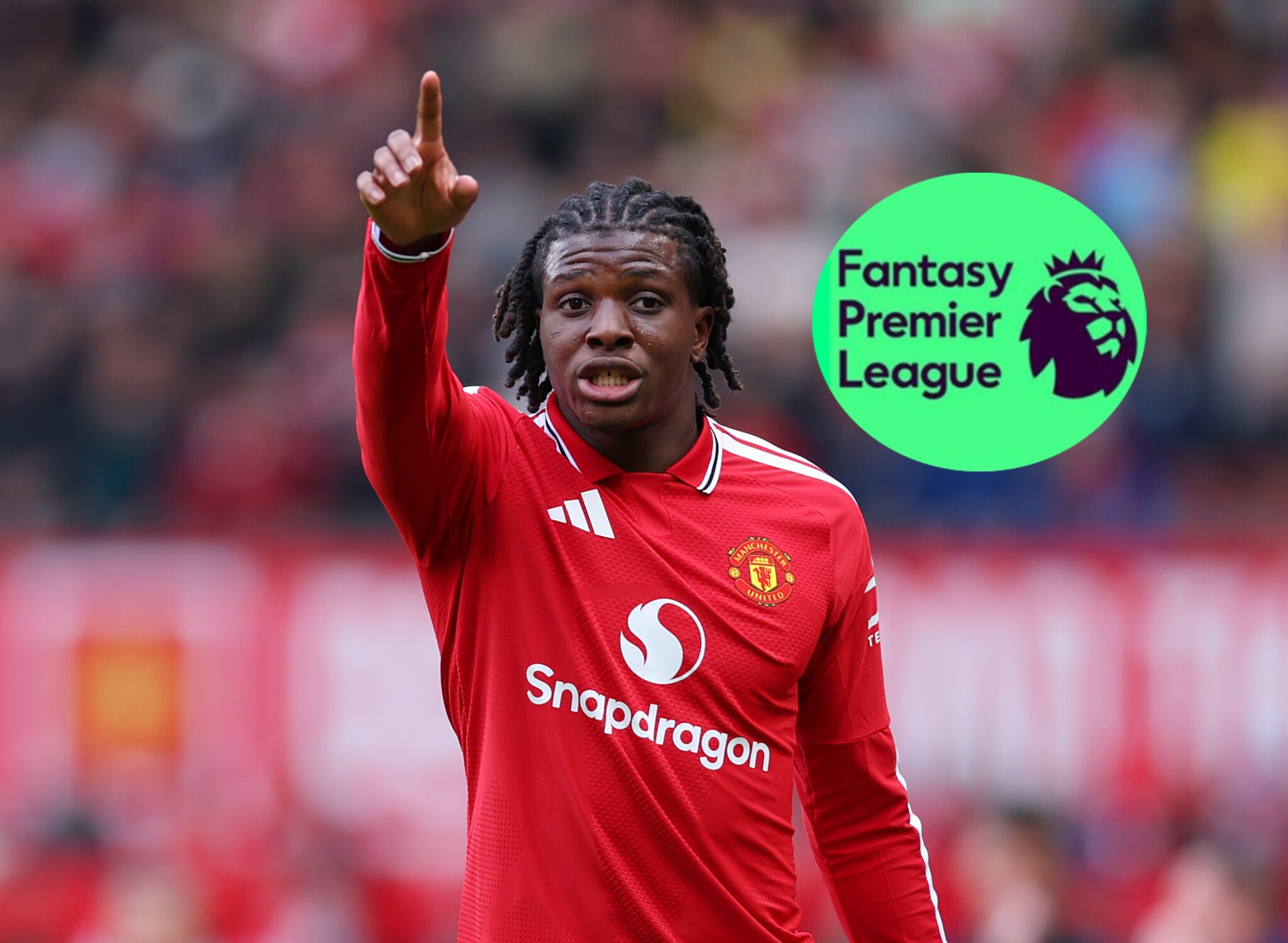 Fantasy Premier League: Manchester UNited player Patrick Dorgu next to the FPL logo.