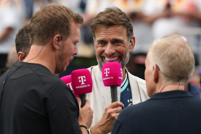Jürgen Klopp commentates with Julian Nagelsmann, Head Coach of Germany and Thomas Müller after the FIFA World Cup 2026 Group E match between Germany and Curacao at Houston Stadium on June 14, 2026 in Houston, Texas.