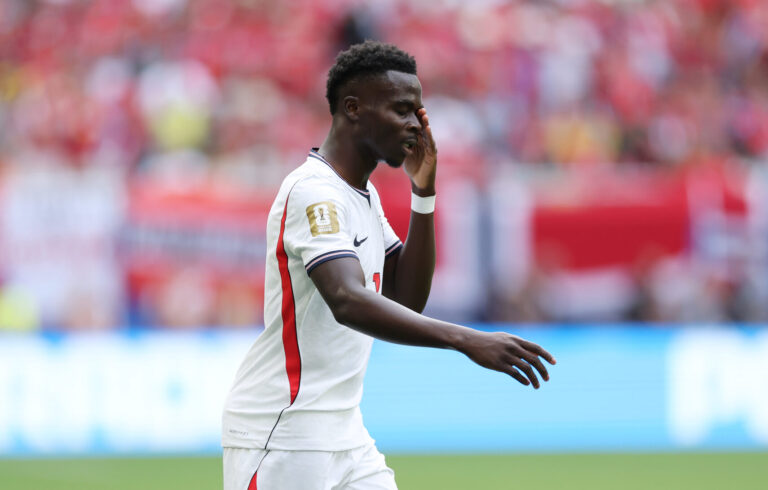 Bukayo Saka #7 of England during the FIFA World Cup 2026 Quarter Final match between Norway and England at Miami Stadium on July 11, 2026 in Miami Gardens, Florida.