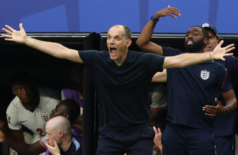 Thomas Tuchel, Manager of England, reacts during the FIFA World Cup 2026 Quarter Final match between Norway and England at Miami Stadium on July 11, 2026 in Miami Gardens, Florida.