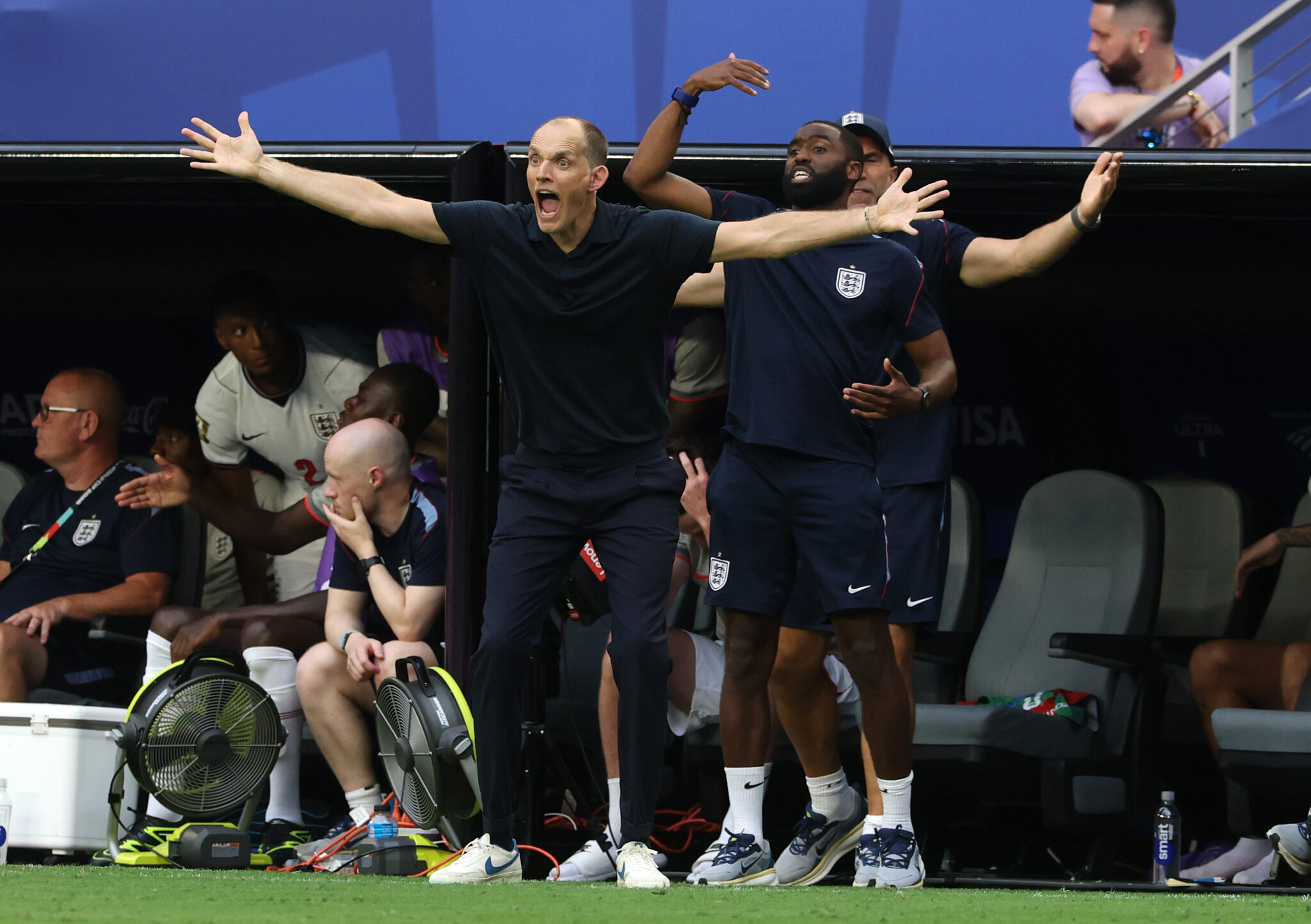 Thomas Tuchel, Manager of England, reacts during the FIFA World Cup 2026 Quarter Final match between Norway and England at Miami Stadium on July 11, 2026 in Miami Gardens, Florida.