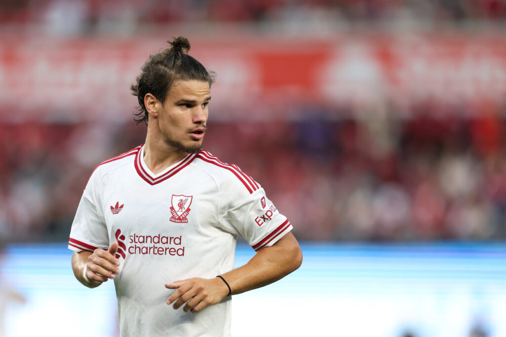 Milos Kerkez in the Liverpool away kit for the 2026/27 Premier League season.