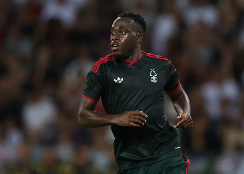 Arnaud Kalimuendo in the Nottingham Forest away kit for the 2026/27 Premier League season.
