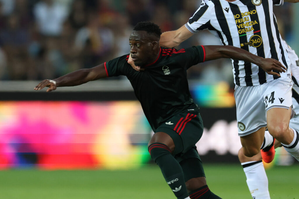 Arnaud Kalimuendo in the Nottingham Forest away kit for the 2026/27 Premier League season.